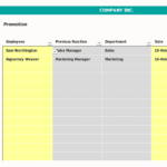 Employee Promotions Overview in Financial Model | eFinancialModels Overview of employee promotions listing names, previous functions, and new roles.