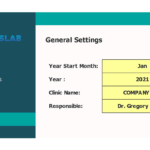 General Settings Configuration for Clinic Model | eFinancialModels Settings interface showing year start, year, clinic name, and responsible person.
