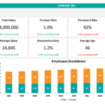 HR Metrics Dashboard Overview for Company Performance | eFinancialModels HR metrics dashboard displaying salary, turnover, and employee breakdown data by month.