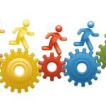Team Collaboration with Gears Illustration | eFinancialModels Colorful figures running alongside gears, symbolizing teamwork and productivity.