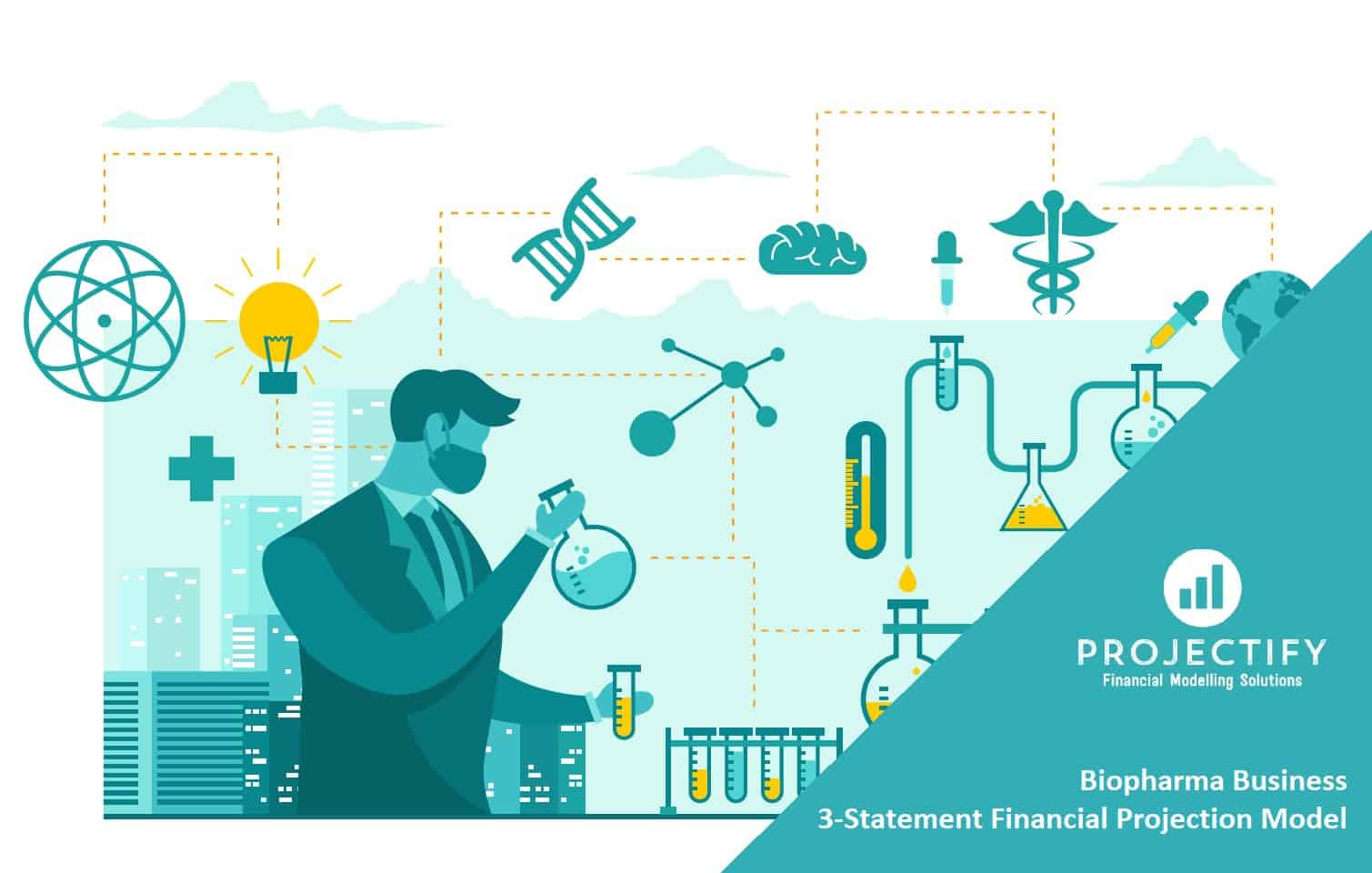 Illustration showing a biopharma professional with financial model elements and science graphics.