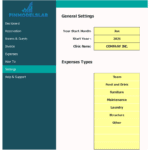Financial model settings showing year and expense types for a clinic.