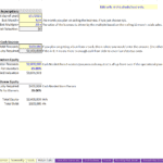 Cash sources template detailing debt and equity financing structures.