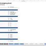 Table of contents listing sections and links in a monthly budgeting Excel model.