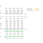 Detailed income statement with five-year projections for sales and expenses.