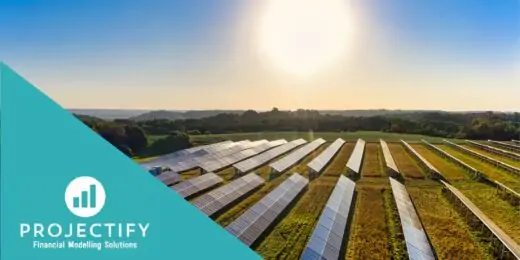 Aerial image of solar panels illustrating a financial projection model for solar farm businesses.