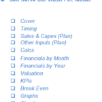 Outline of sections in a self-serve car wash financial model.