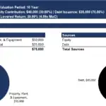 Pie charts showing funding sources and uses for an industrial distribution start-up, with equity and debt distributions.