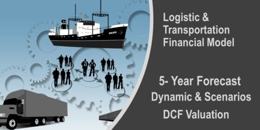 Logistic financial model cover featuring truck, ship, and key forecasting elements.