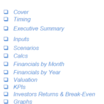 Project Sea Fly Financial Model Sections Overview | eFinancialModels Project Sea Fly outline featuring main model sections like Financials, KPIs, and Valuation.