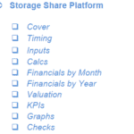 Overview of Storage Share Platform Model Sections | eFinancialModels Navigation list for financial modeling components in Storage Share Platform Excel template.