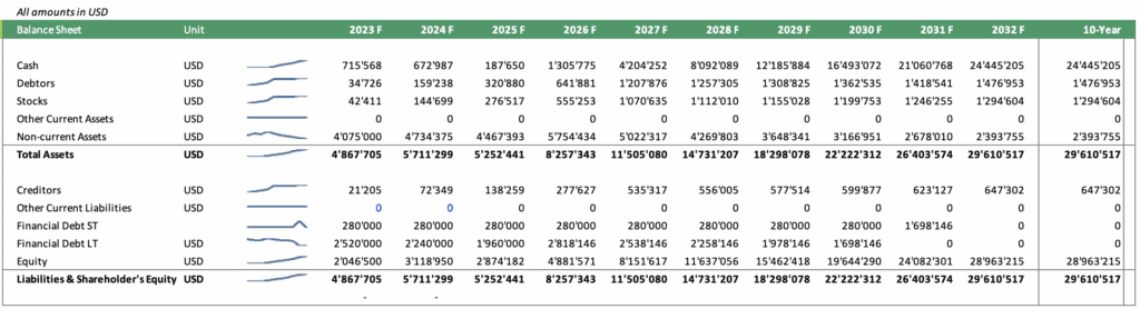 Distillery Balance Sheet Forecast for 2023-2032 | eFinancialModels Balance sheet forecast showing assets, liabilities, and equity from 2023 to 2032.