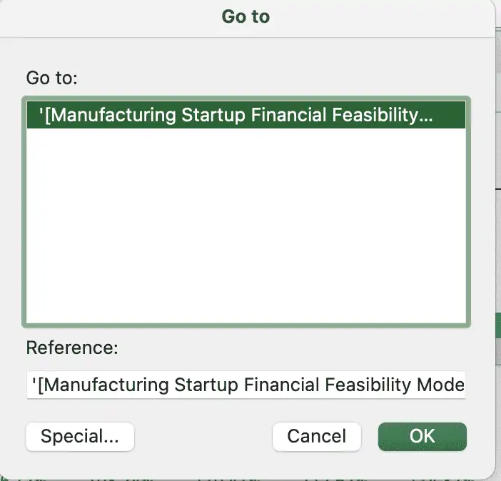Excel Navigation Popup for Financial Feasibility Model | eFinancialModels Excel pop-up for navigating to manufacturing startup financial model sections