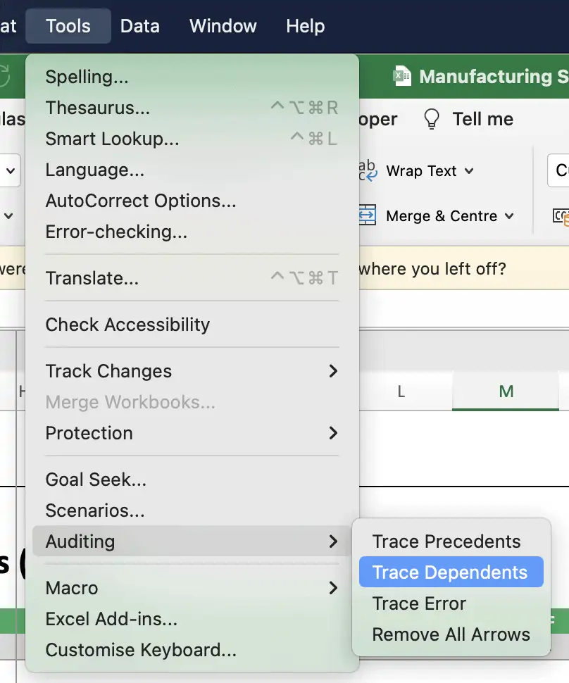 Excel Trace Dependents Tool in Financial Modeling | eFinancialModels Excel interface displaying the Trace Dependents menu option for auditing