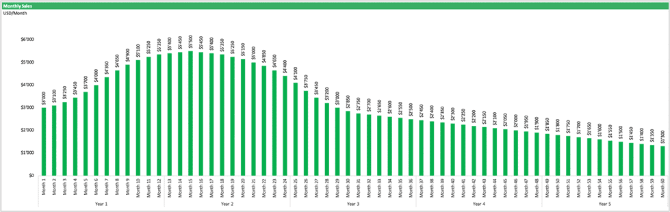 Five-Year Monthly Sales Growth Chart | eFinancialModels Monthly sales revenue trend showing increase and decline over five years.