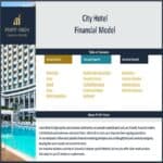 Table of contents for the City Hotel financial model including report categories and key topics.