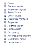 Table of contents listing key sections like inputs and metrics for financial analysis.