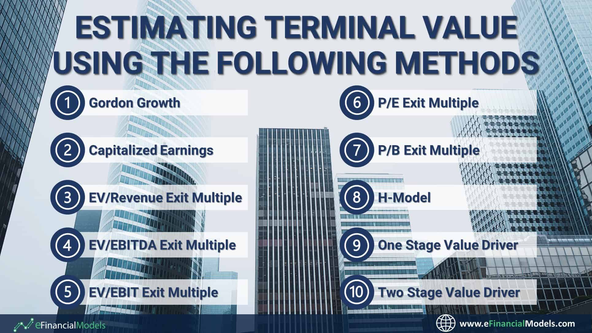 Ten Methods for Estimating Terminal Value | eFinancialModels Ten methods for estimating terminal value, including Gordon Growth and P/E Exit Multiple.