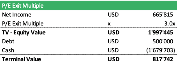 P/E Exit Multiple Calculation Overview | eFinancialModels P/E exit multiple calculation showing net income, equity value, and terminal value.