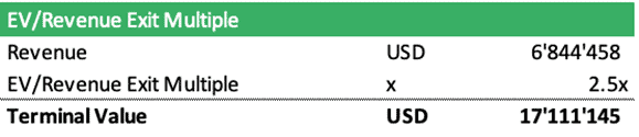 EV/Revenue Exit Multiple Calculation | eFinancialModels Financial model showing EV/Revenue exit multiple calculation for terminal value.