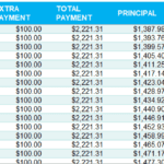 Loan amortization table detailing payments, balances, and interest over time.