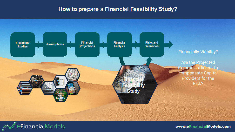 Steps to Prepare a Financial Feasibility Study | eFinancialModels Diagram illustrating steps for preparing a financial feasibility study, including key components and questions.