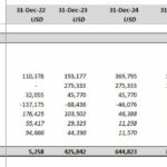 Cash flow statement outlining profit, expenses, and working capital changes over multiple years.