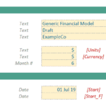 Model settings including name, company, status, and timeline dates for a financial model.