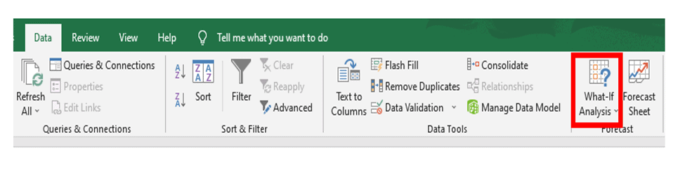Excel Data Tab with What-If Analysis Option | eFinancialModels Excel Data tab screenshot highlighting What-If Analysis tool for financial modeling.
