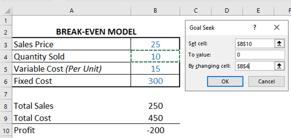 Break-Even Model with Goal Seek in Excel | eFinancialModels Break-even model in Excel showing sales, costs, and Goal Seek function.