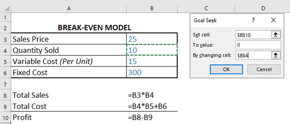 Break-Even Model Example with Goal Seek in Excel | eFinancialModels Break-even analysis model with sales, costs, and Goal Seek feature in Excel.