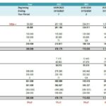 Yearly balance sheet showing assets, liabilities, and equity values from 2023 to 2027.