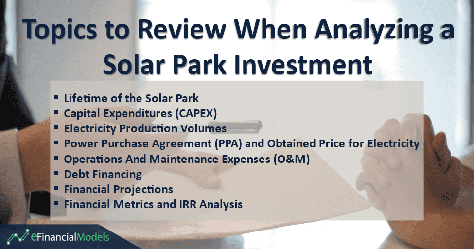 Key Topics for Solar Park Investment Analysis | eFinancialModels Topics covering financial analysis elements for solar park investments.