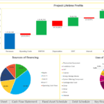 Financial analysis chart showing revenues, costs, EBITDA, net income, and various ratios for project feasibility.