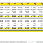 Balance sheet showing annual projections of assets and liabilities.