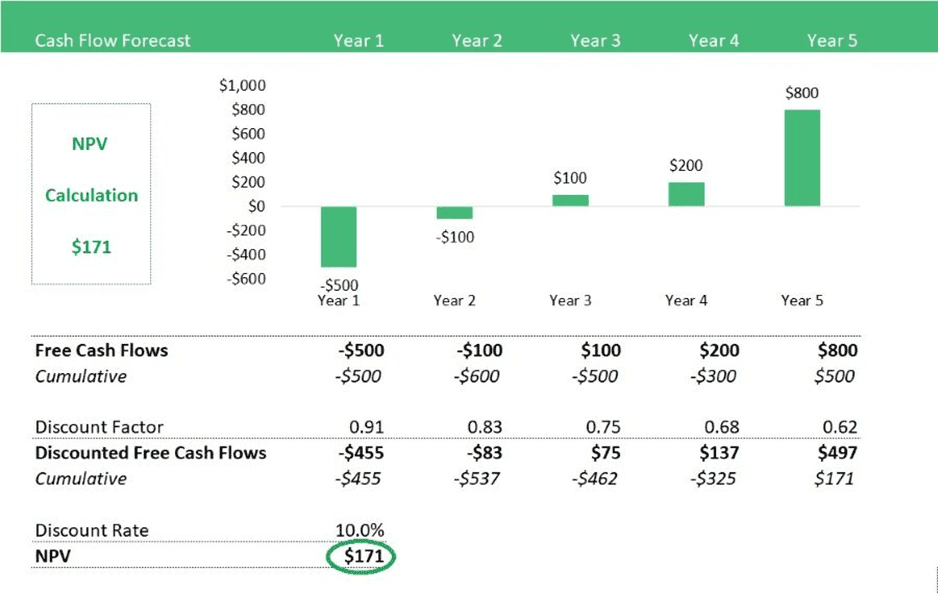 Cash Flow Forecast with NPV Calculation | eFinancialModels Cash flow forecast chart showing cash flows and NPV calculation over five years