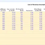 Cost assumptions table for trucking business with metrics on rates, mileage, and expenses per truck.