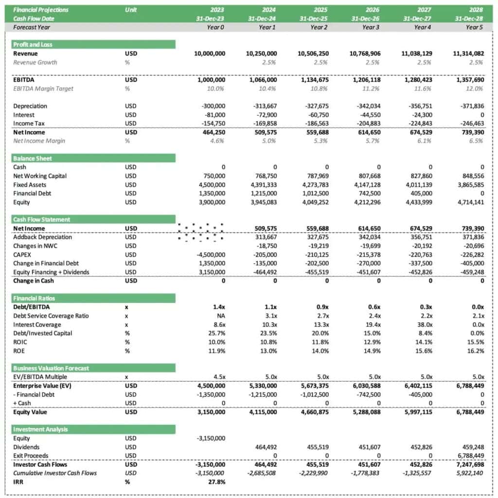 Five-Year Private Equity Financial Projections Template | eFinancialModels Detailed financial projections for a private equity deal, showing profit, cash flow, and ratios.