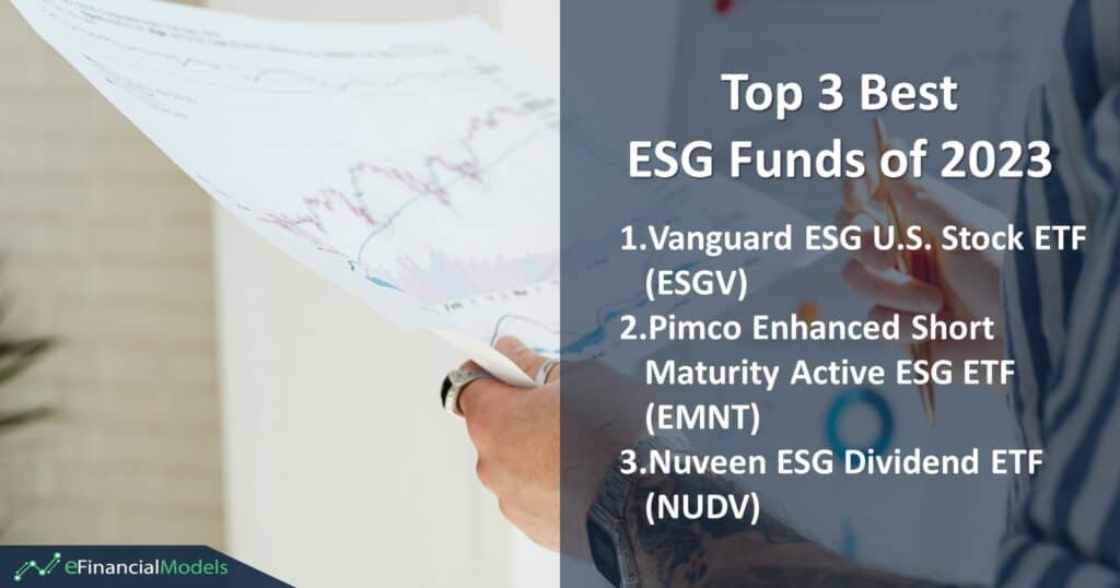 Top 3 ESG Funds for 2023 | eFinancialModels Chart listing the top three ESG funds with their names and tickers for 2023.