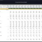 Monthly budget P&L statement for driving school, including revenue and expenses.
