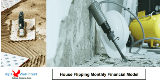 House flipping financial model featuring construction tools and market insights.