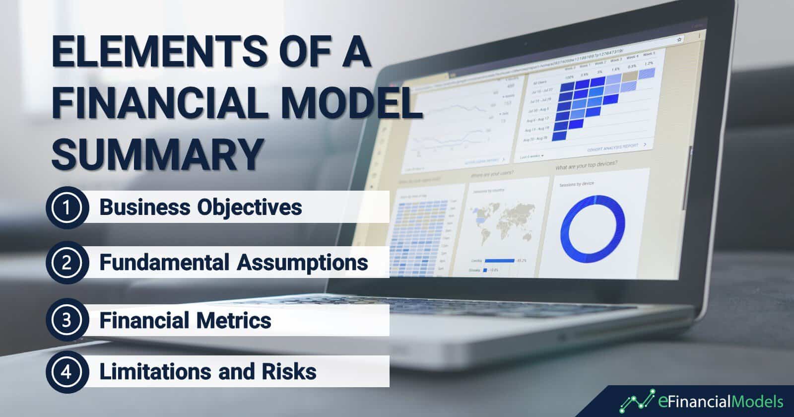 Key Components of a Financial Model Summary | eFinancialModels Elements of financial model summary highlighting key components: objectives, assumptions, metrics, and risks.