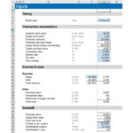 Illustration of financial model inputs, transaction assumptions, sources and uses of funds, goodwill breakdown, and amortization details.
