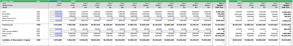Monthly Balance Sheet Template for 2022-2023 | eFinancialModels Balance sheet template showing financial data for 2022 and 2023