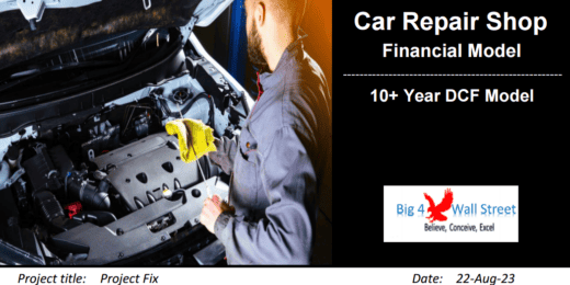 DCF financial model for a car repair shop detailing project and responsible personnel.