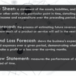 Balance sheet, sales forecast, P&L forecast, and cash flow statement definitions.