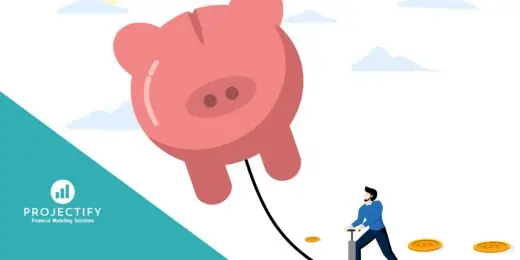 Illustration of a person pumping up a piggy bank, representing financial growth and projections.