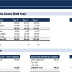 Pro forma balance sheet showing assets, liabilities, and equity over three years.