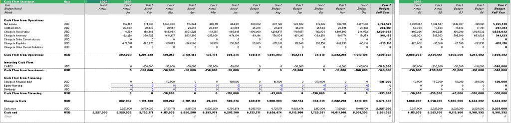 Cash Flow Statement Overview for 2022-2023 | eFinancialModels Cash flow statement displaying monthly cash flows for 2022 and 2023.