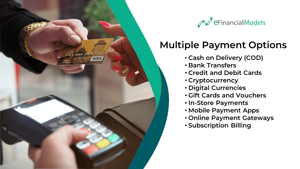 Overview of Multiple Payment Options for Businesses | eFinancialModels Chart listing multiple payment options, including credit cards and digital currencies.